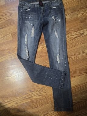 Blue Spice Dark Wash Distressed Skinny Jeans with Paint Splatter